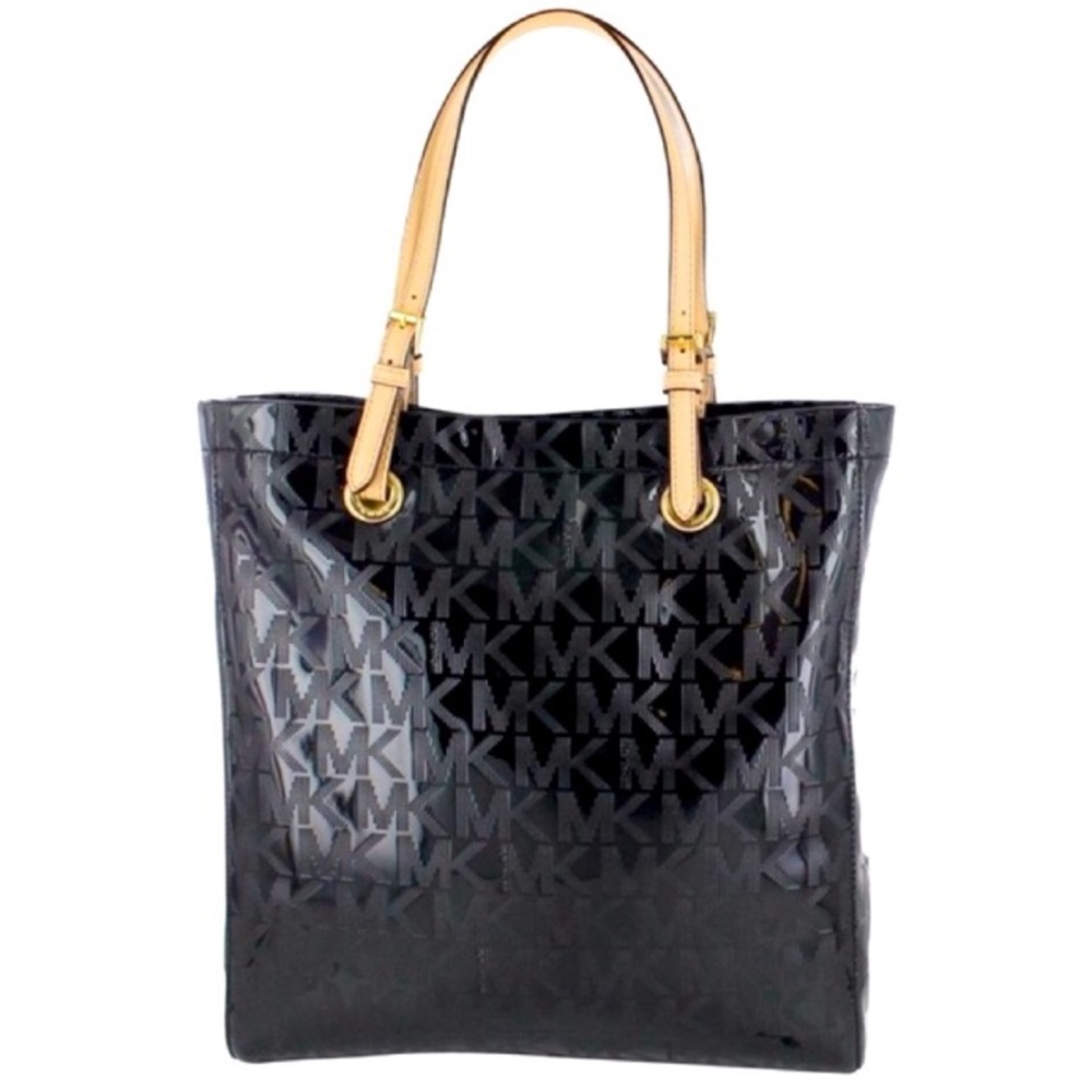 Michael Kors Jet Set Mirror Metallic North South Tote | Black MK Logo Bag